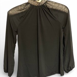 NWT CABLE & GAUGE WOMENS BLACK BLOUSE W/SHINY COLLAR & SHEER ARMS SIZE XS